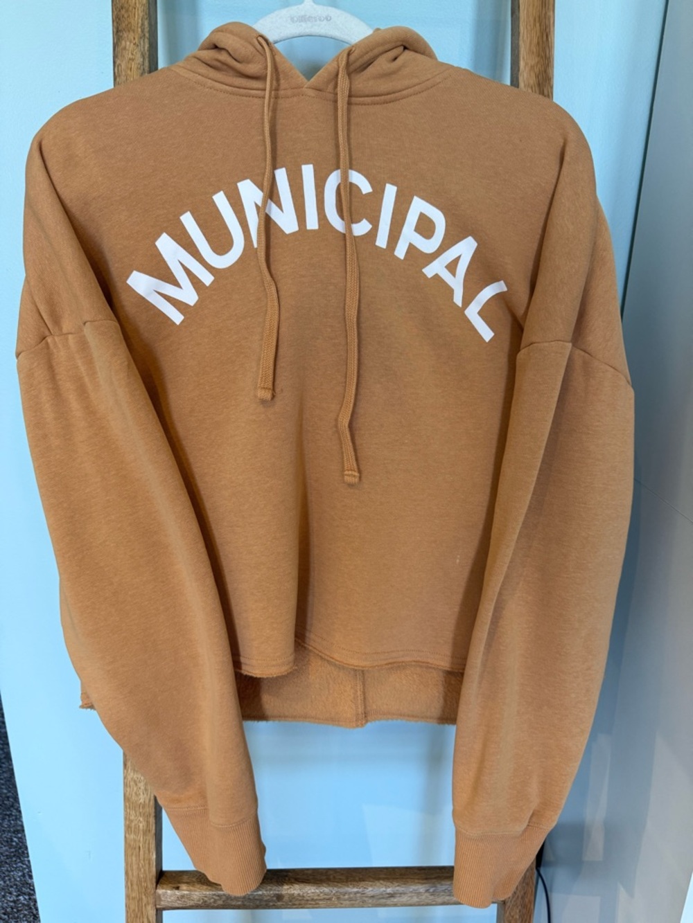 Municipal Cropped Hoodie Tan Size Medium Oversized Raw Hem Athleisure